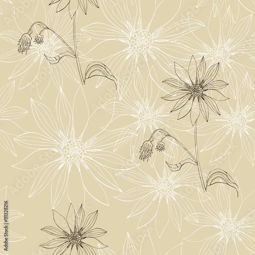 Vintage seamless pattern with beautiful flowers. Hand drawn floral vector illustration.