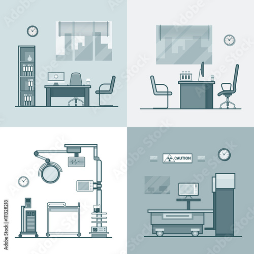 Hospital clinic medical medicine dispensary lab operation room x-ray roentgen doctor cabinet interior indoor set. Linear stroke outline flat style vector icons. Monochrome icon black and white collect