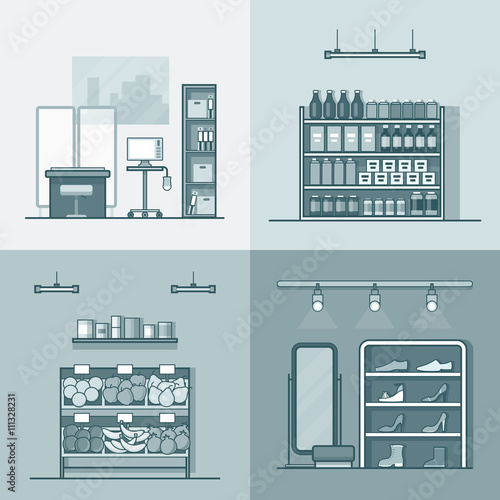 Green grocery vegetable shoes shop store hospital interior indoor set. Linear stroke outline flat style vector icons. Monochrome icon black and white collection.