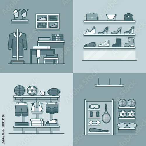 Boutique clothes clothing accessory shoes sports inventory tool shop store interior indoor set. Linear stroke outline flat style vector icons. Monochrome icon black and white collection.
