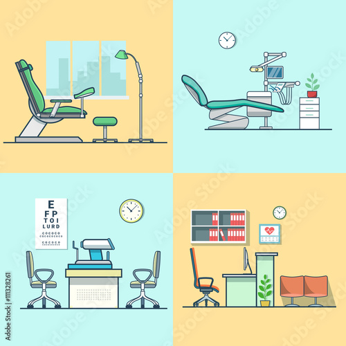 Gynecological gynecology dentist oculist eye doctor office hospital medicine woman healthcare room interior indoor set. Linear multicolor stroke outline flat style vector icons. Color icon collection.