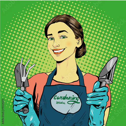 Woman with garden tools. Vector illustration in retro comic pop art style
