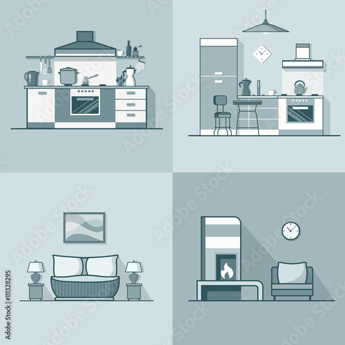 Condo accommodation kitchen bedroom living room interior indoor set. Linear stroke outline flat style vector icons. Monochrome icon collection.