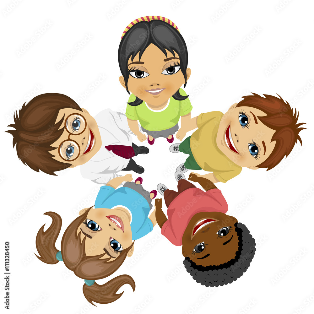 Group of multiracial kids in a circle looking up holding their hands ...