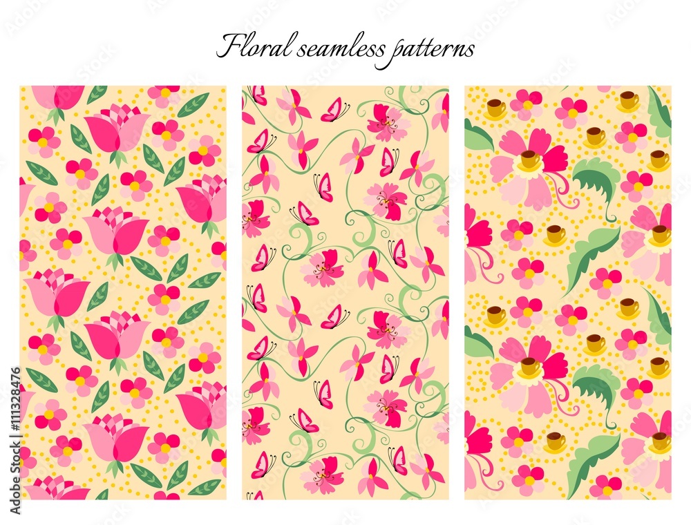 Set of cute seamless floral patterns. Vintage backgrounds with pink flowers. Vector illustration. May be used for design fabric, wrapping paper, covers, wallpapers, textiles, textures. 