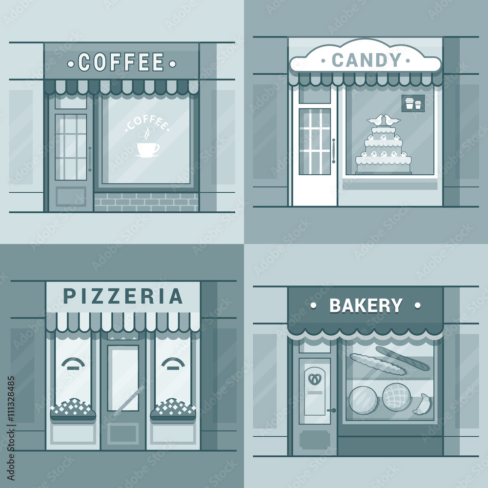 Small local business showcase storefront shop window cafe coffee bakery pizza pizzeria candy confectionery set. Linear stroke outline flat style vector icons. Monochrome icon collection. Small local business showcase storefront shop window cafe coffee bakery pizza pizzeria candy confectionery set. Linear stroke outline flat style vector icons. Monochrome icon collection.