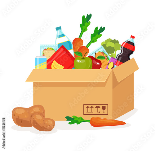 Food in box. Food delivery. Vector flat cartoon illustration