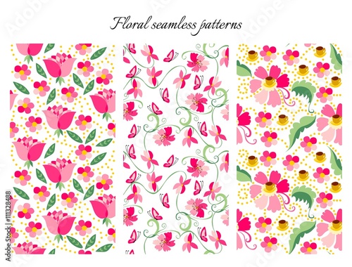 Set of seamless floral patterns. Pink flowers on white background. Vector illustration. May be used for design fabric, wrapping paper, covers, backgrounds.