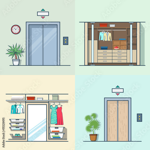 Wardrobe dressing room interior indoor elevator entrance door hall lift corridor set. Linear multicolor stroke outline flat style vector icons. Color icon collection.