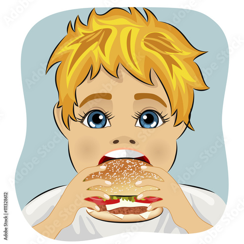 obese fat boy eating chicken cheese hamburger