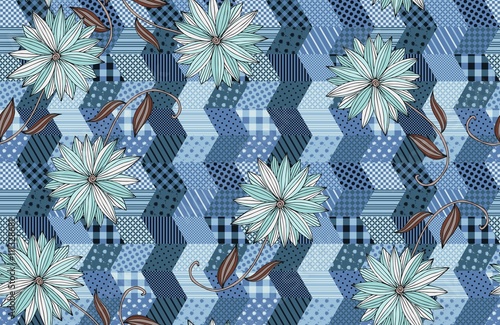 Seamless pattern with blue flowers on patchwork background. Hand drawn vector illustration.