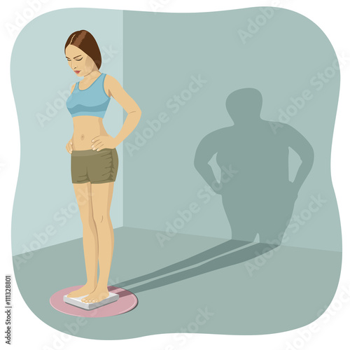Young woman standing on bathroom scale with her shadow shows her distorted body image