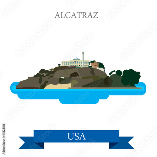 Alcatraz Island Prison in San Francisco United States. Flat cartoon style historic sight showplace attraction web site vector illustration. World travel sightseeing North America USA collection.