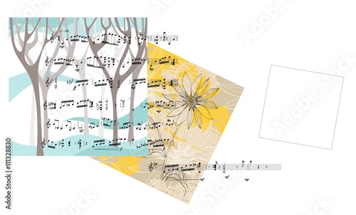 Beautiful card with trees, flower, musical notes and place for text. Vector illustration.