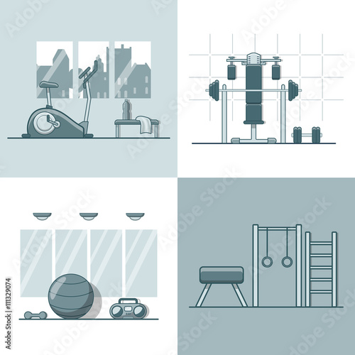 Gym exercise equipment room interior indoor set. Linear stroke outline flat style vector icons. Monochrome cycle bike power weight lifting gymnastics rings ball wall bars icon collection.