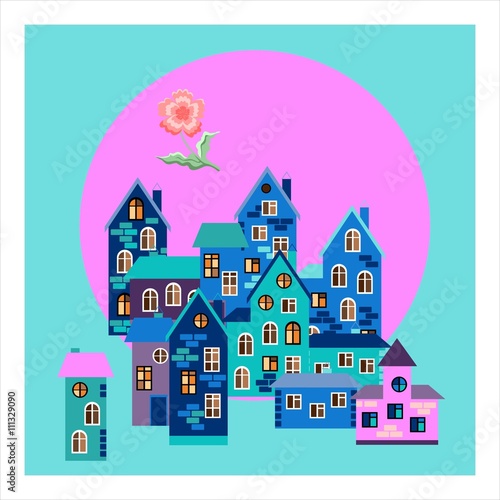 Bandana print or silk neck scarf. Square pattern design style for print on fabric. Morning dream - card with blue town. Vector illustration. © Happy Dragon