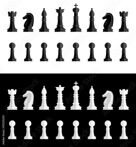 Set of chess figures. Chess elements complete collection. Black and white chess figures. Flat style chess pieces isolated. Vector illustration.