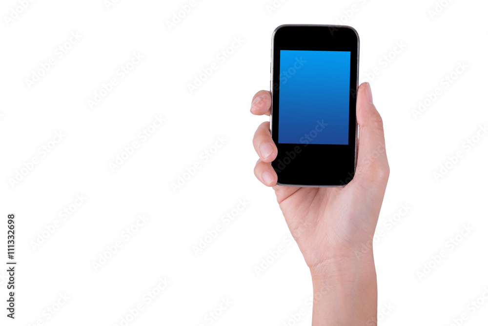 woman hand holding the phone tablet isolated on white background
