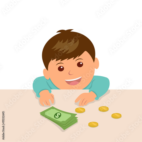 The boy put the money on the table to calculate their savings. The kid at the counter in the shop put the money to buy something.