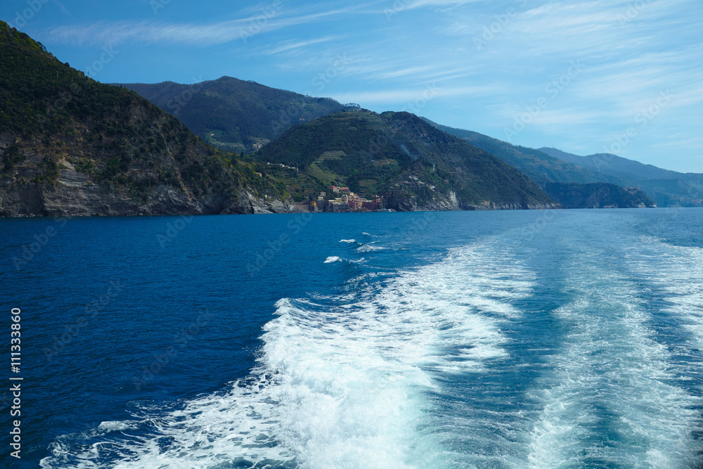 .Calm Mediterranean sea and coast of Italian's Cinque Terre National Park