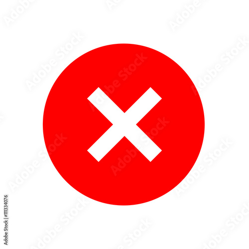 Cross sign element. Red X icon isolated on white background. Simple mark graphic design. Round shape button for vote, decision, web. Symbol of error, check, wrong and stop, failed. Vector illustration