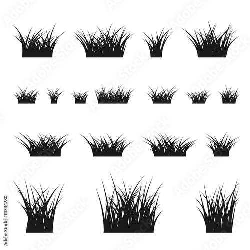 Grass bushes set. Nature plant background. Collection black silhouettes isolated on white. Symbol of field, lawn, spring and meadow, fresh, summer. Elements for design environment. Vector illustration