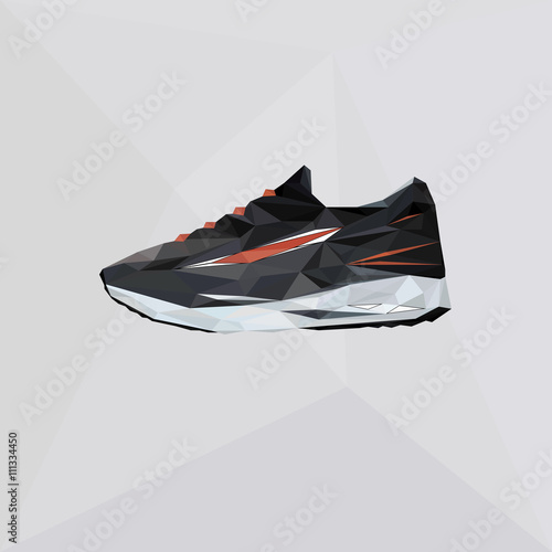 Vector shoes for running. Illustration sport shoes in polygon style. Triangle logo footwear. Isolated sneaker in low poly background. Silhouette shoe icon.