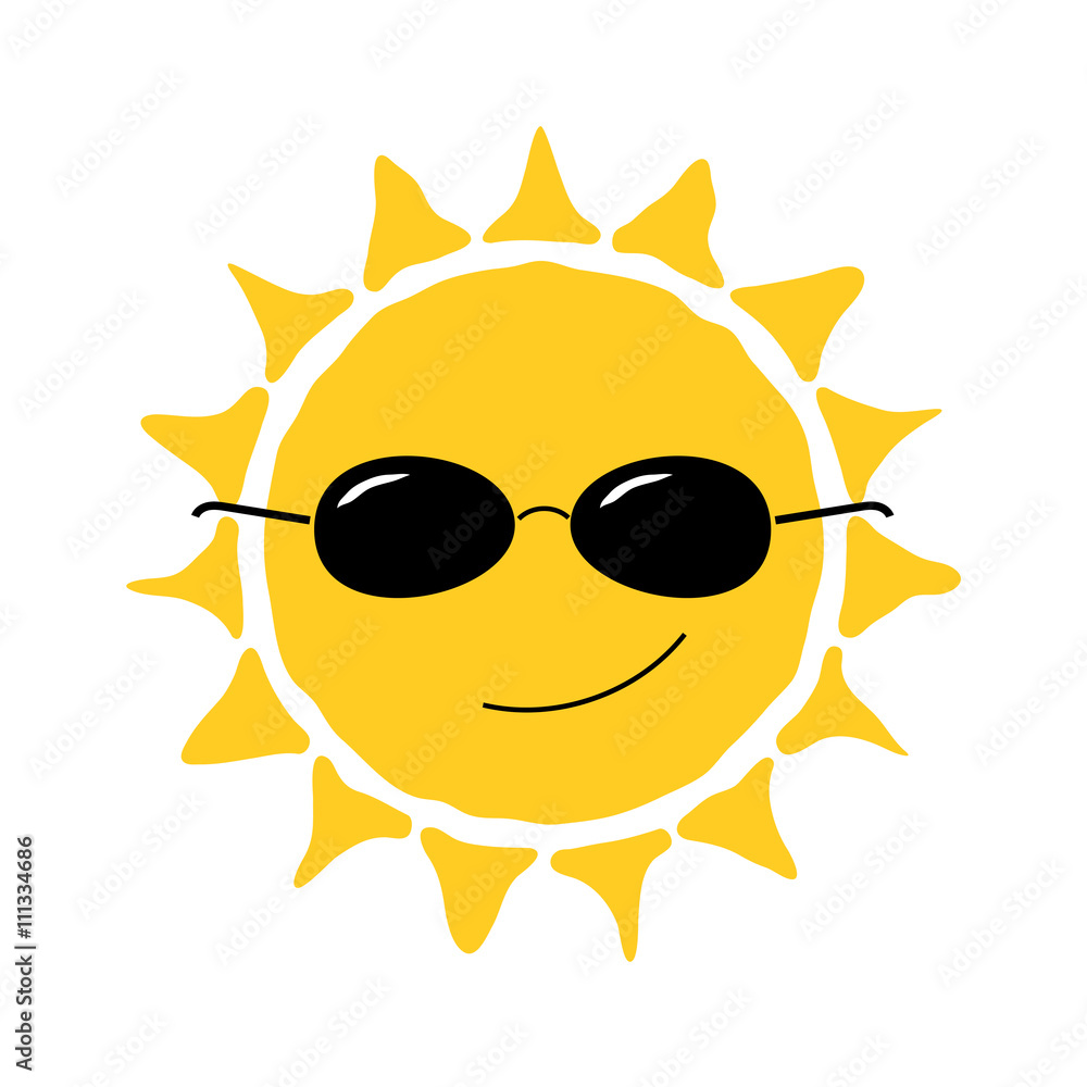 Happy sun fun icon. Cute smiling sign with sunglasses. Cartoon design.  Yellow element, isolated on white background. Symbol of weather, heat, sunny  and sunlight, smile, relaxation. Vector illustration Stock Vector | Adobe