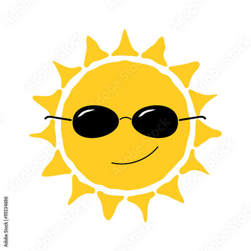 Happy sun fun icon. Cute smiling sign with sunglasses. Cartoon design. Yellow element, isolated on white background. Symbol of weather, heat, sunny and sunlight, smile, relaxation. Vector illustration