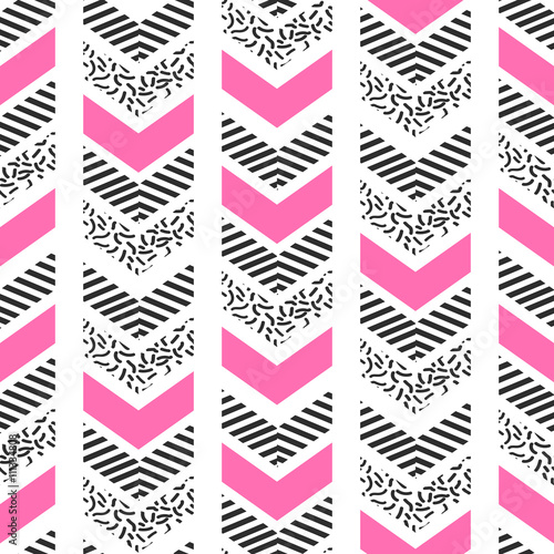 Herringbone abstract seamless pattern in memphis style. pink, black and white arrows in retro 80s design.