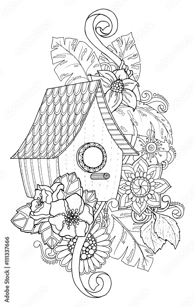 Black and white wood nesting box. Hand drawn outline nesting box decorated with floral ornament