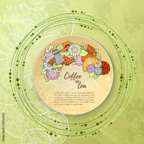 Breakfast theme. Pattern with coffee cezve,  sweets and flowers. Tea and coffee hand drawn pattern. Background for menu, site, cafe, restaurant, teahouse.