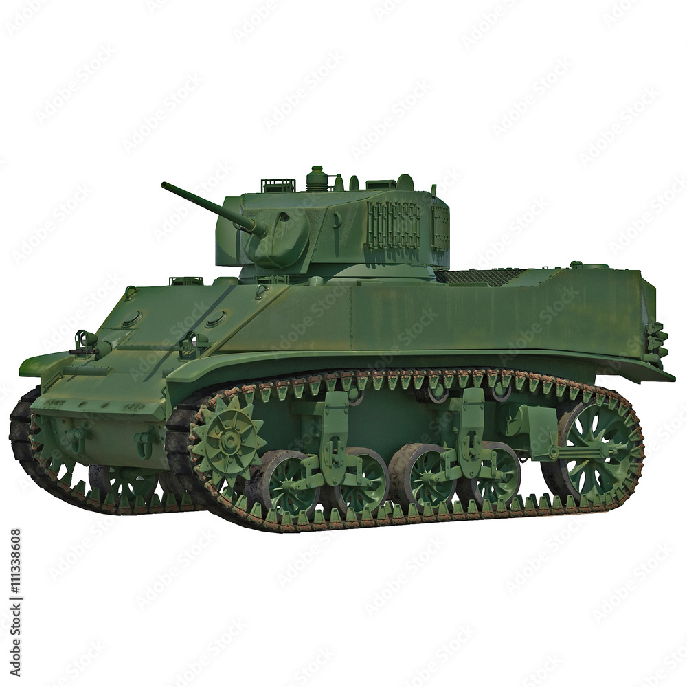 Model M3 Stuart light tank isolated on white 3D Illustration