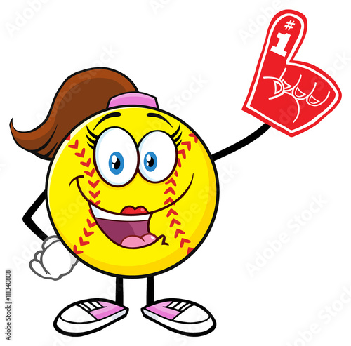 Cute Softball Girl Cartoon Mascot Character Wearing A Foam Finger
