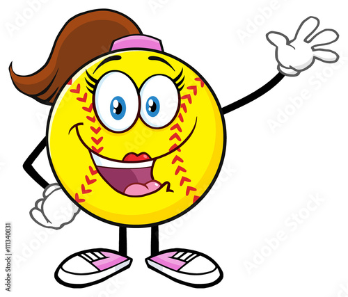 Cute Softball Girl Cartoon Character Waving For Greeting
