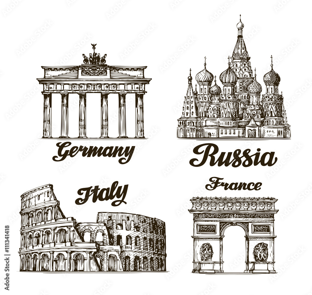 Travel. Hand drawn sketch Berlin, Moscow, Rome, Paris. Vector illustration