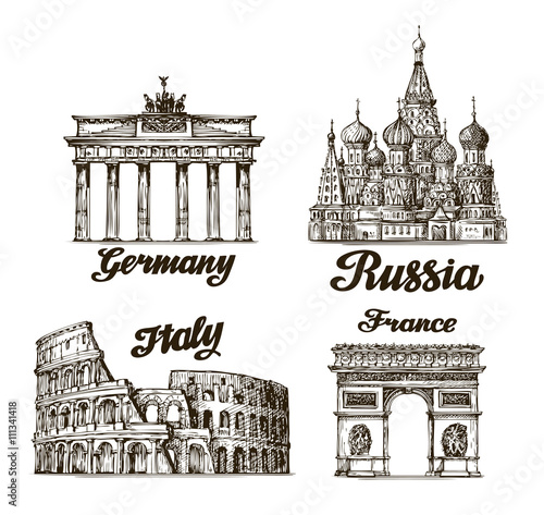 Travel. Hand drawn sketch Berlin, Moscow, Rome, Paris. Vector illustration