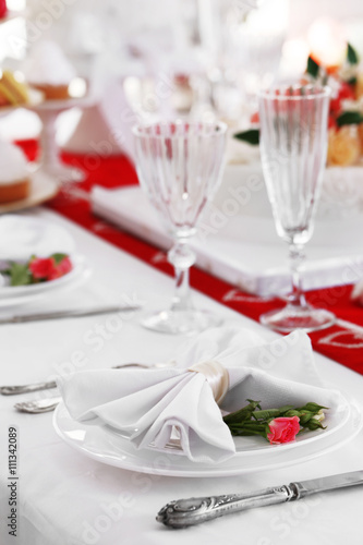 Beautiful served table for wedding or other celebration in restaurant