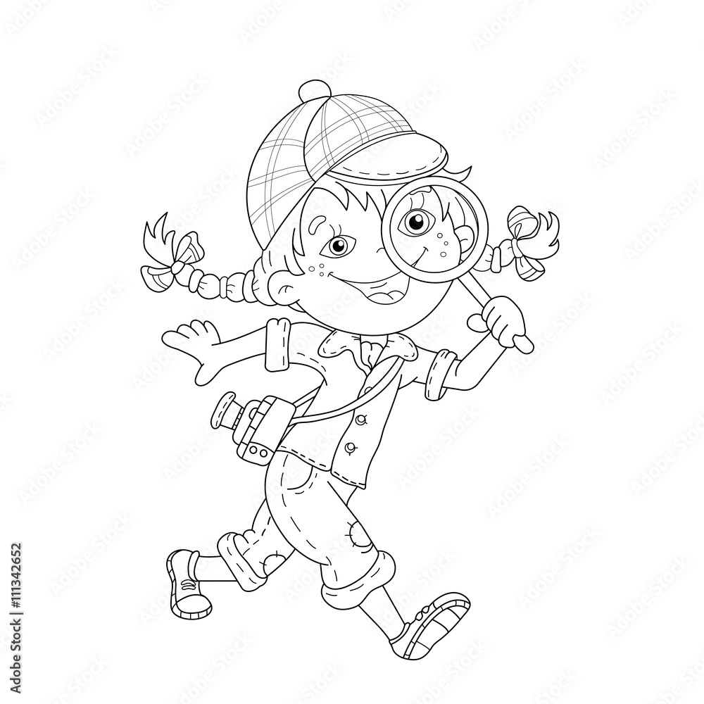 Fototapeta premium Coloring Page Outline Of cartoon girl detective with loupe