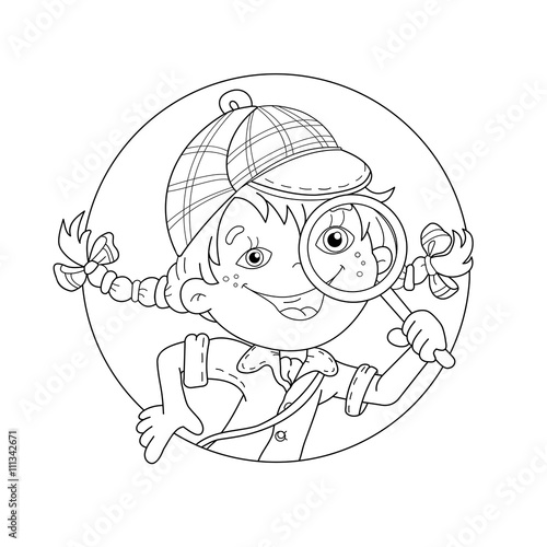 Coloring Page Outline Of cartoon girl detective with loupe