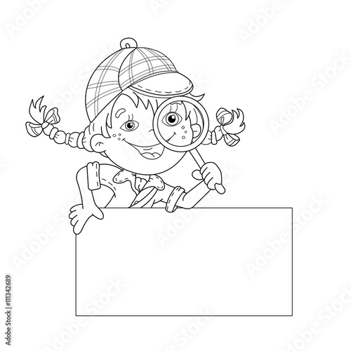 Coloring Page Outline Of cartoon girl detective with loupe