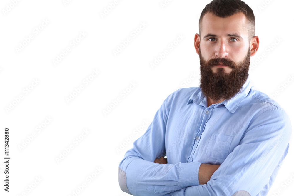 Portrait of handsome man standing, isolated on grey background Portrait of handsome man standing, isolated on grey background