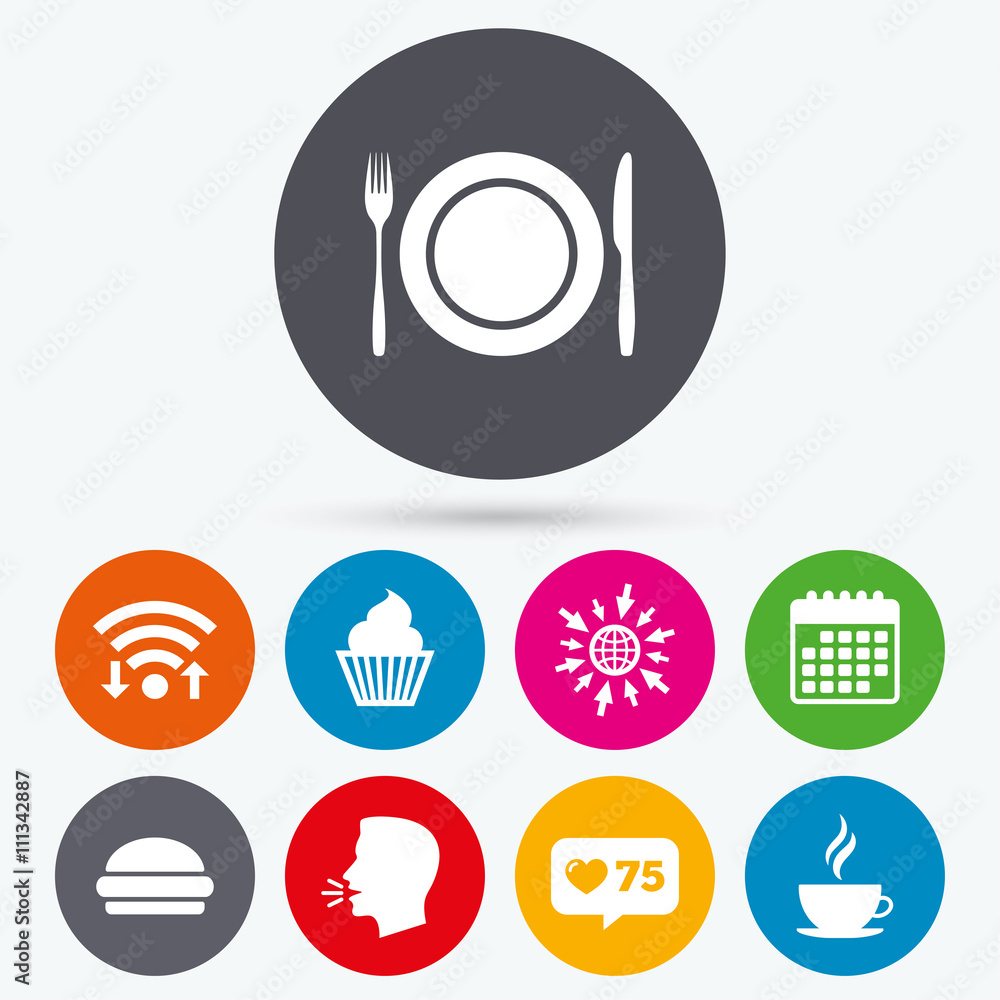 Food icons. Muffin cupcake symbol. Fork, knife. Food icons. Muffin cupcake symbol. Fork, knife.