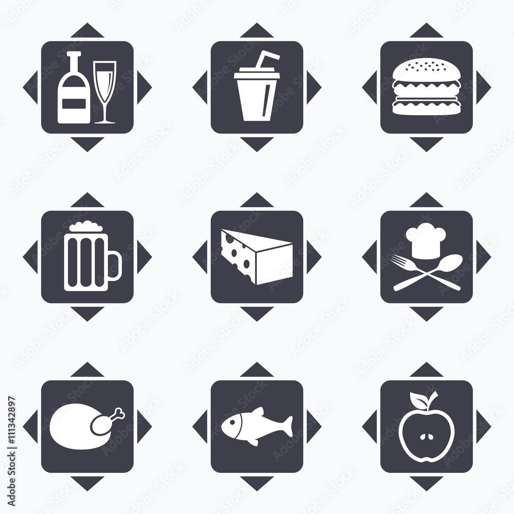 Food, drink icons. Beer, fish and burger signs. Food, drink icons. Beer, fish and burger signs.