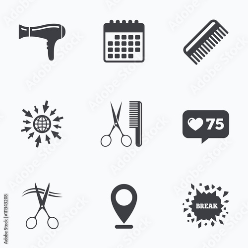 Hairdresser icons. Scissors cut hair symbol.