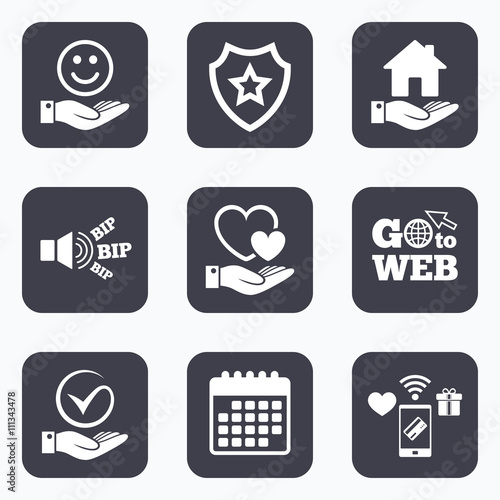 Smile and hand icon. Heart, Tick symbol.