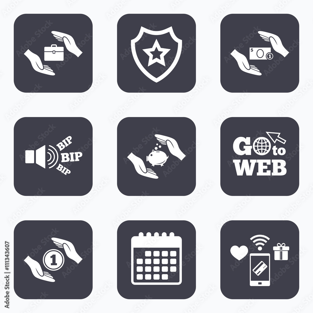 Hands insurance icons. Money savings signs. Hands insurance icons. Money savings signs.