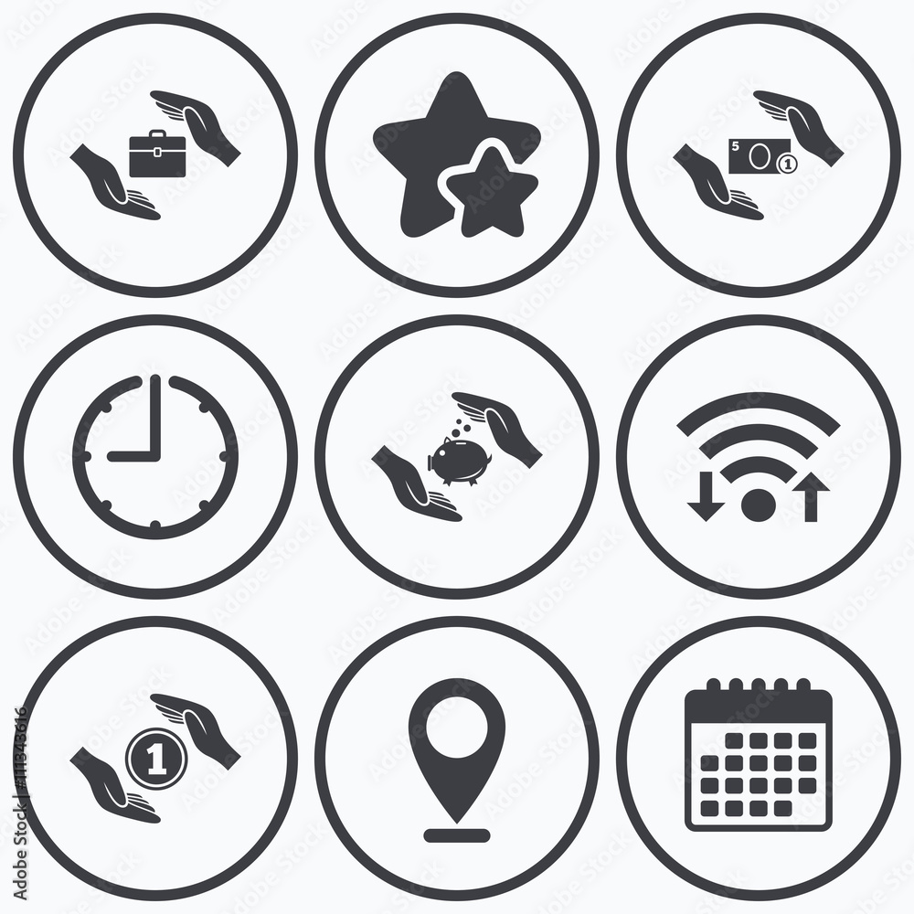 Hands insurance icons. Money savings signs. Hands insurance icons. Money savings signs.