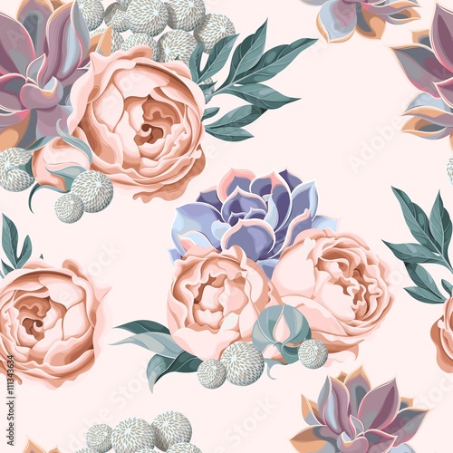 Seamless succulent and peony roses