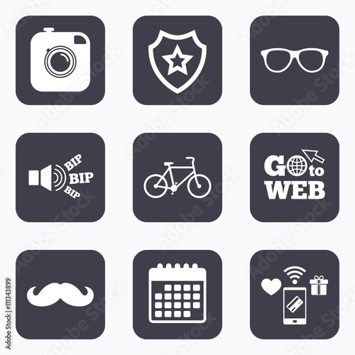 Hipster photo camera icon. Glasses symbol.